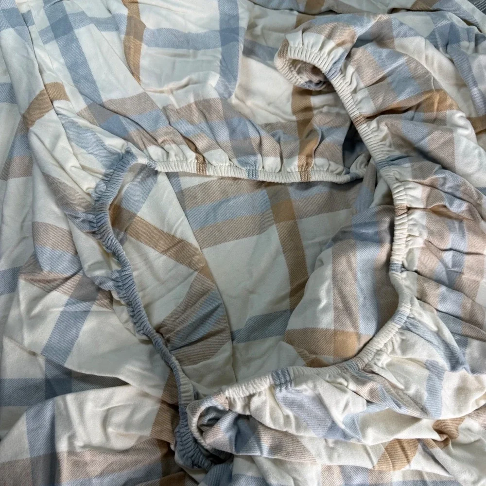 Boll & Branch Queen Flannel Sheet Set 100% Organic Cotton Plaid Cream Blue NWOT
